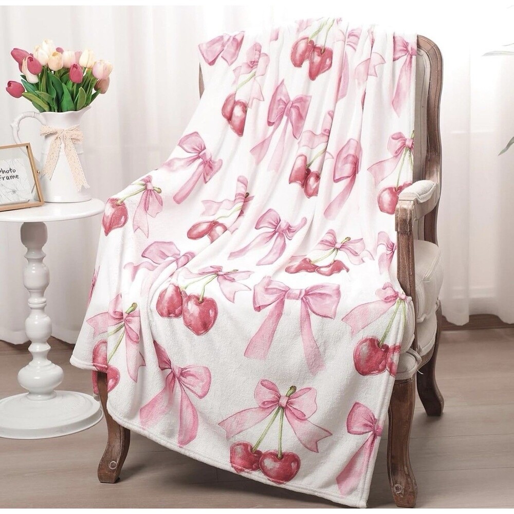 Soft Fuzzy Polyester Throw Blanket 50x60 Pink Bow Cherry Print